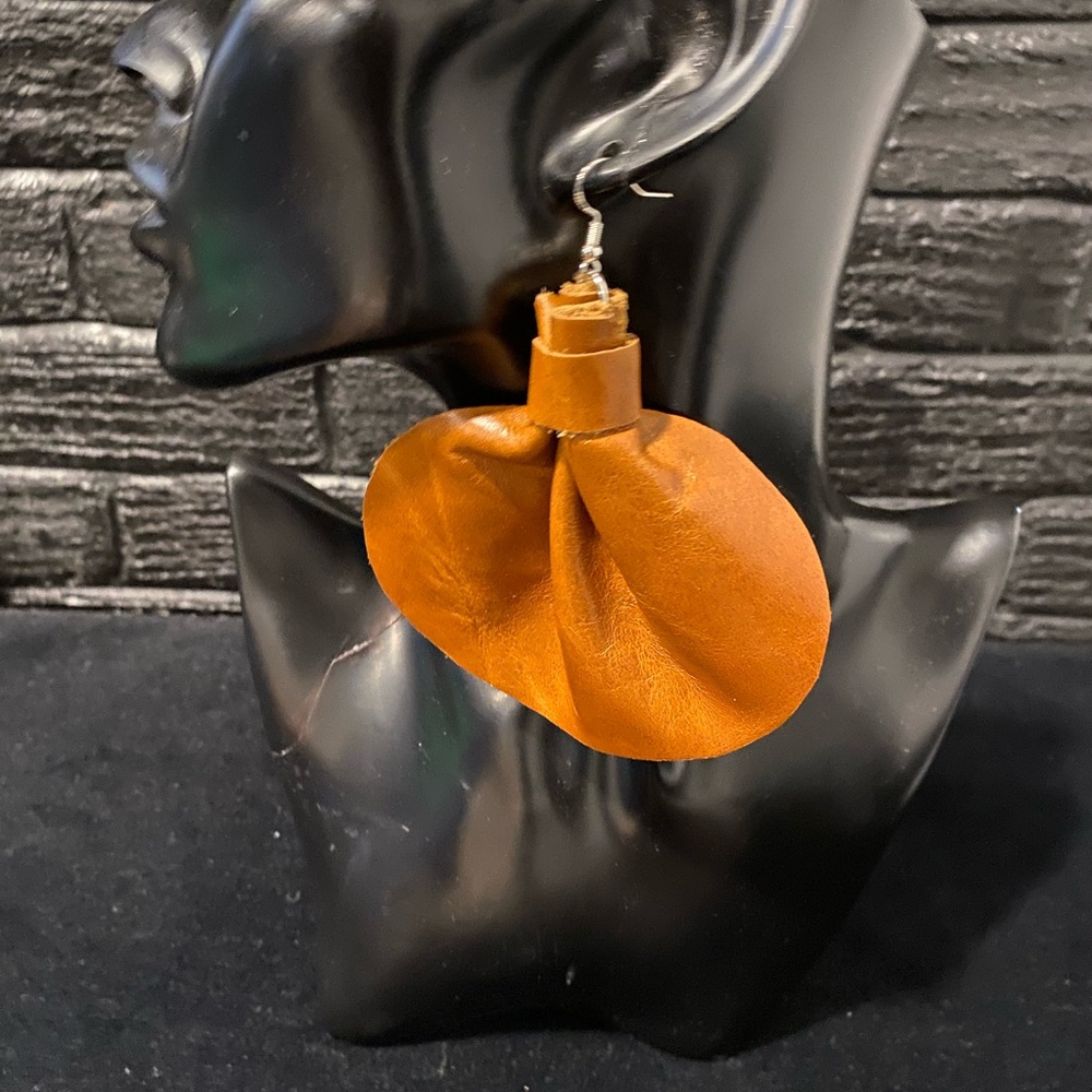 Elegant Elephant Ear Cognac Leather Earrings